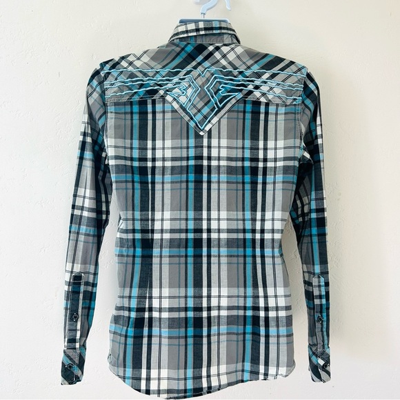 AFFLICTION VTG Y2K Mens Blue Plaid Embroidered Long Sleeve Slim Fit Shirt Size M - Picture 5 of 13